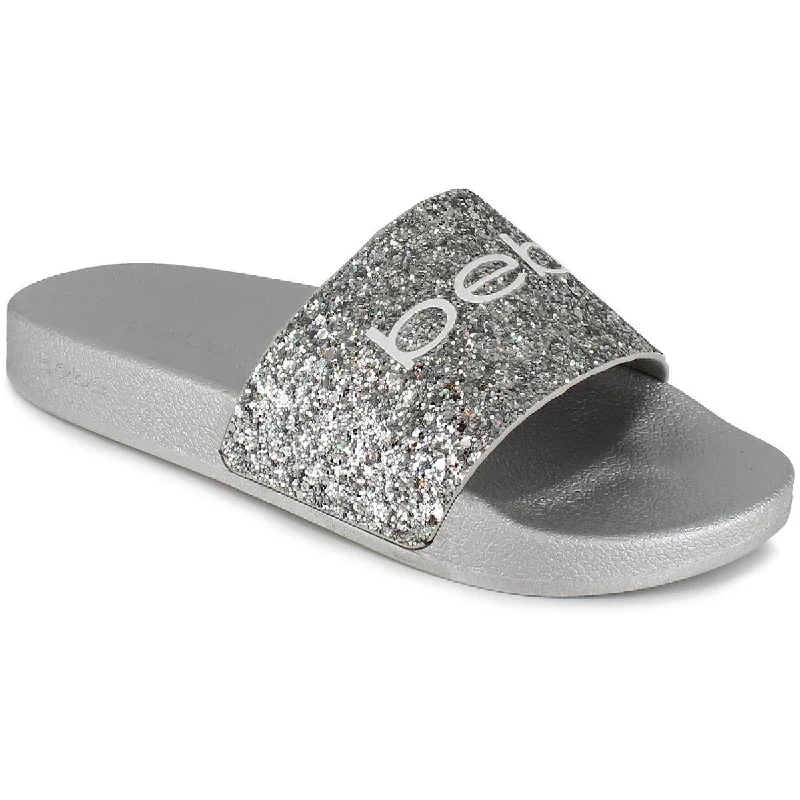 Bebe Womens Fraida Glitter Logo Slide Sandals