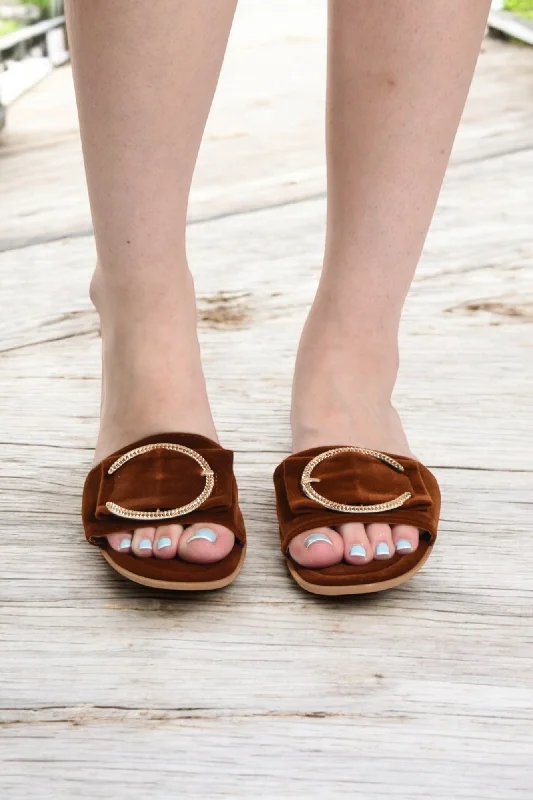 Buckle Detail Brown Slide Sandals