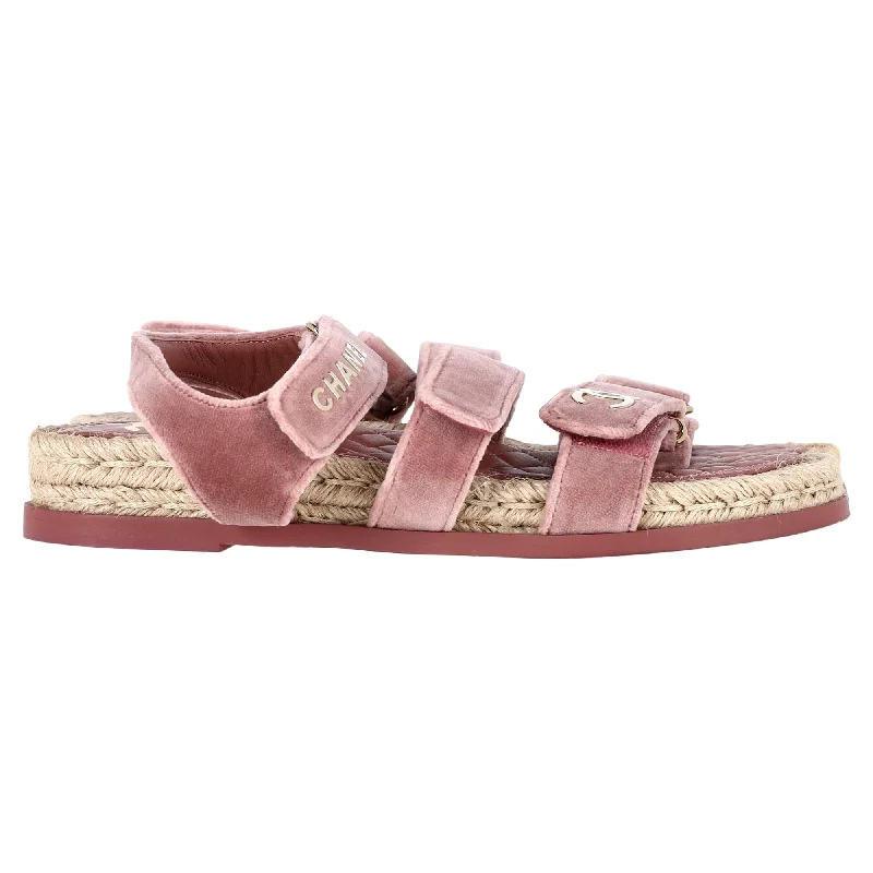 Chanel Logo Velcro Dad Sandals in Pink Velvet