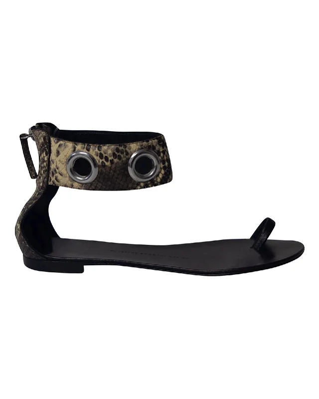 Giuseppe Zanotti Snakeskin Print Ankle Strap Flat Sandals in Black Leather