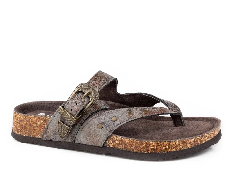 Roper Womens Corrina Grey Leather T-Strap Sandals