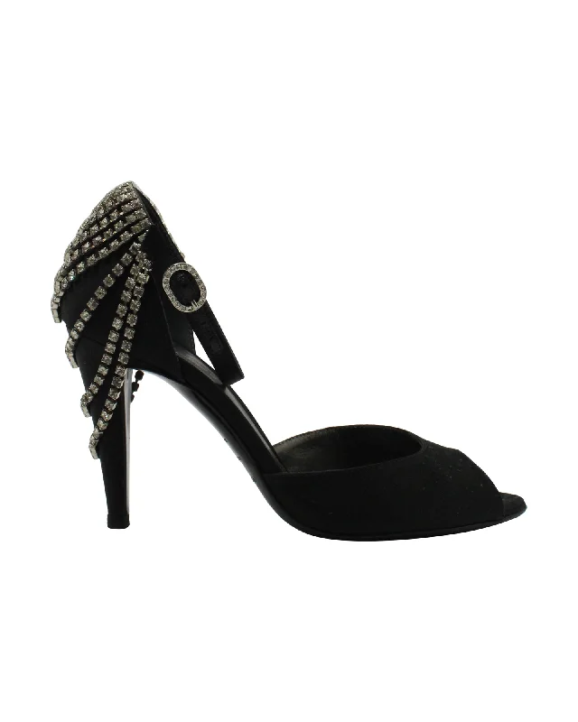 Sergio Rossi Diamante Embellished Peep-Toe Sandals in Black Suede