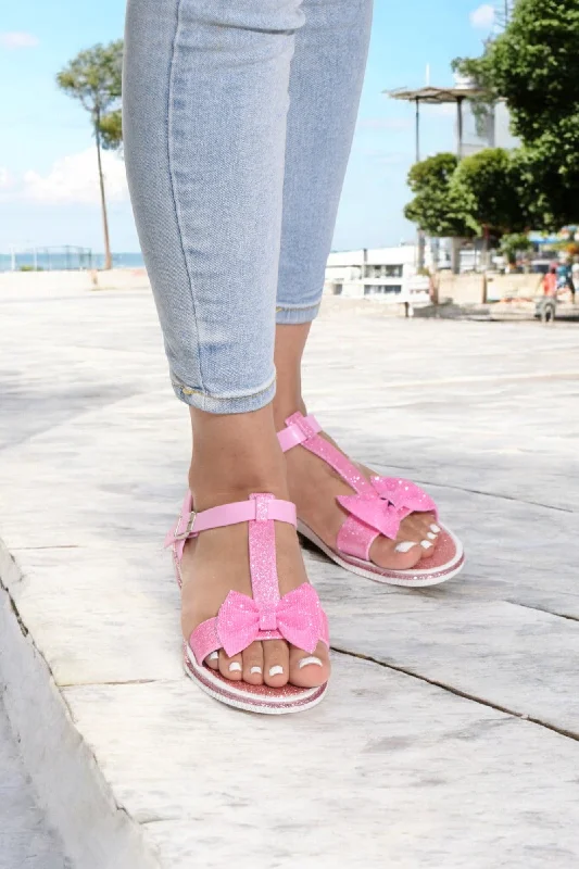 T Bar Bow Pink Jelly Sandals