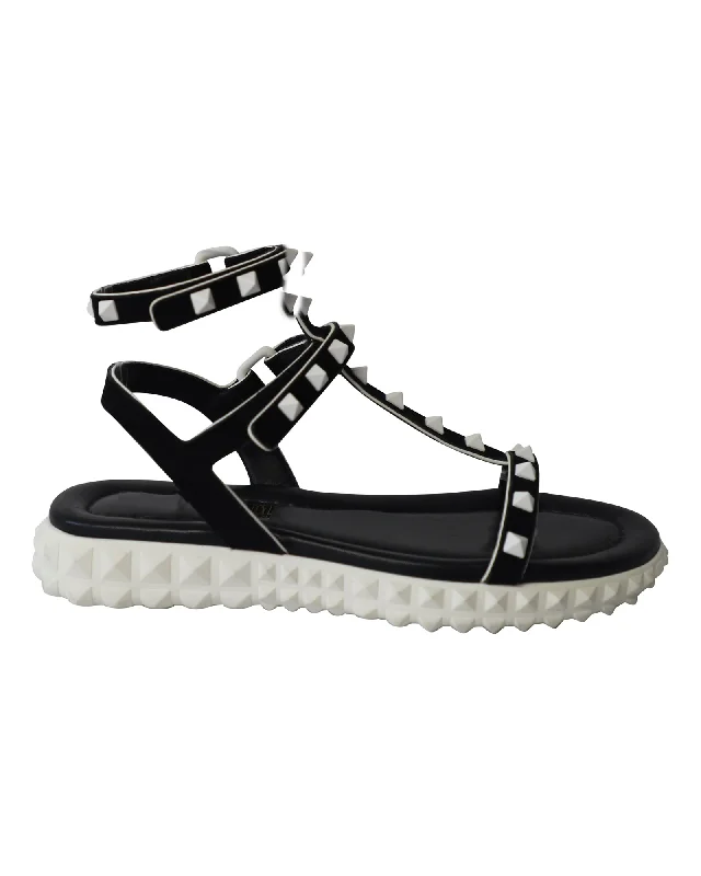 Valentino Garavani Rockstud Sandals in Black/White Suede and Rubber