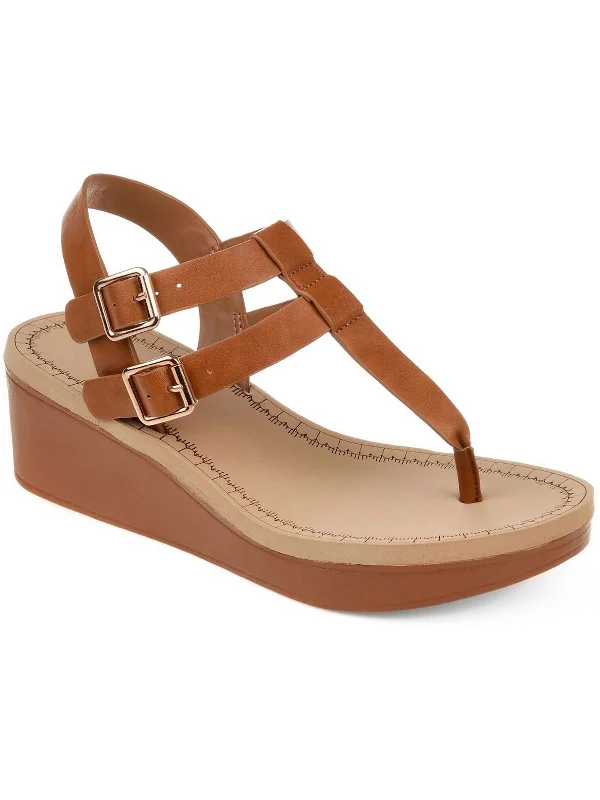 Womens Faux Leather Thong Wedge Sandals