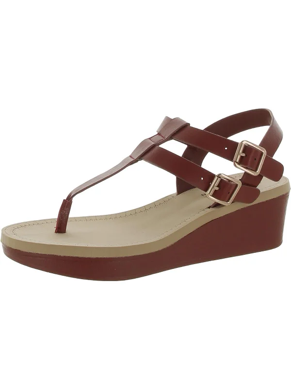 Womens Leather Round Toe Wedge Sandals