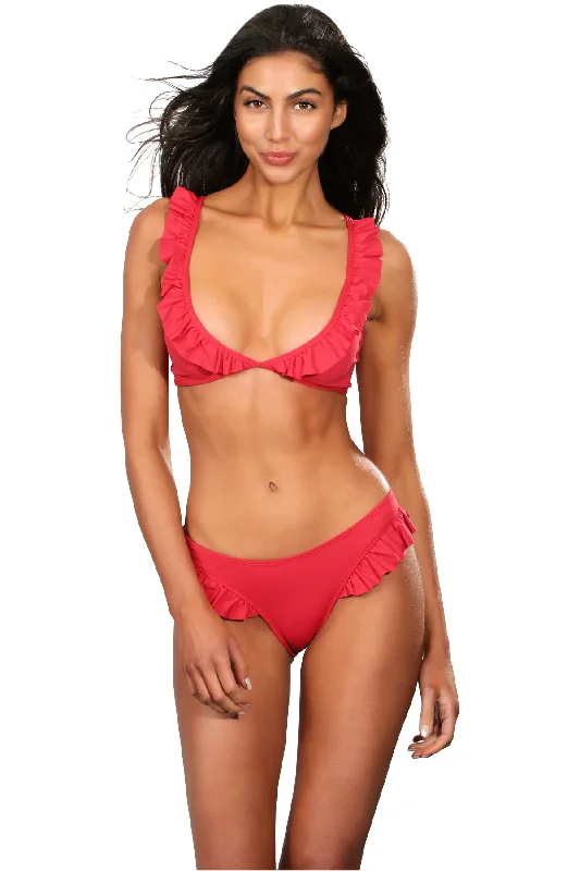 ANYA RED Ruffles Bikini Top