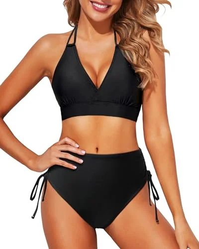 Halter V-Neck Top Drawstring High Waist Bikini Set