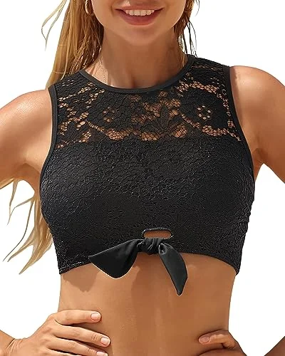 High Neck Swim Top Tie-Front Lace Crop Top