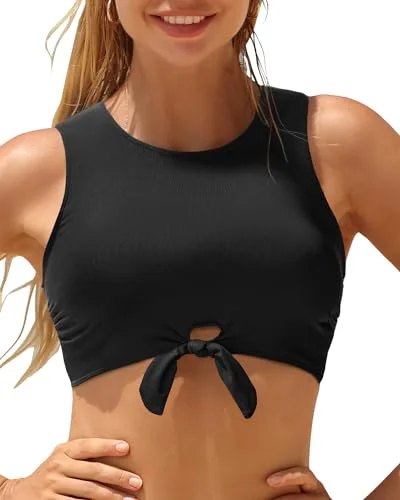 High Neck Tie Front Keyhole Crop Top