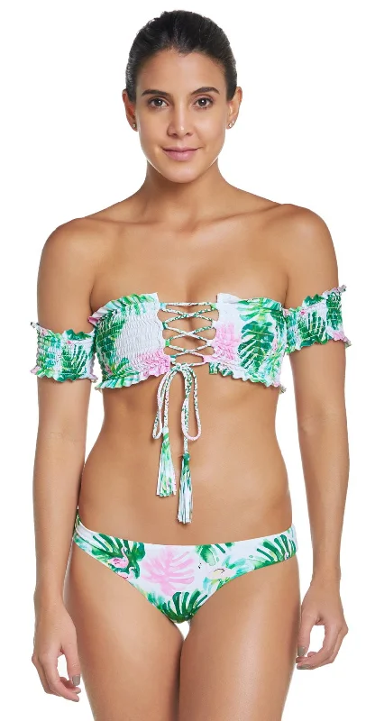 PilyQ Mingos Smocked Off the Shoulder Bikini Top