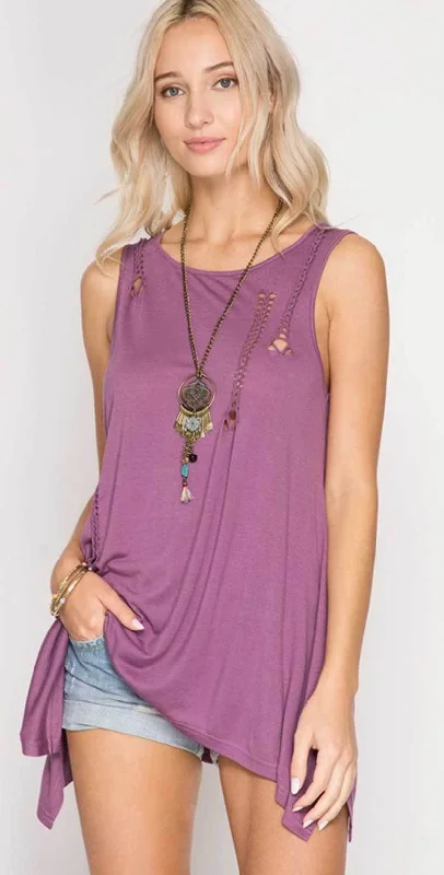 She + Sky Sleeveless Top with Braided Cutout Detail SL5262