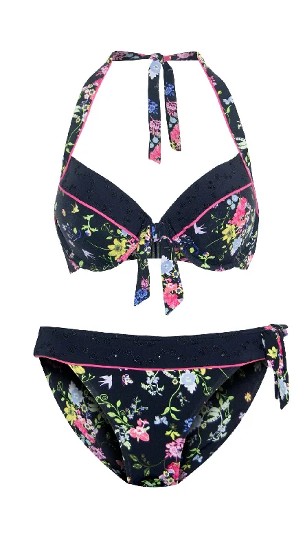 Summer Garden Piped Dual Cup U/W Halter (B/C & D/DD) & Piped Tie Tanga Pant (Black)