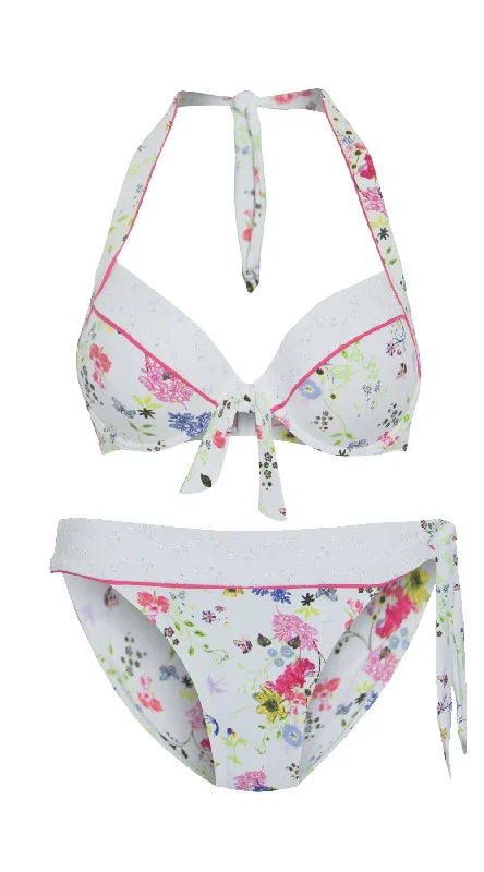 Summer Garden Piped Dual Cup U/W Halter (D/DD) & Piped Tie Tanga Pant (White)