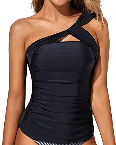 One Shoulder Ruched Swim Top Tummy Control Tankini Top-Black