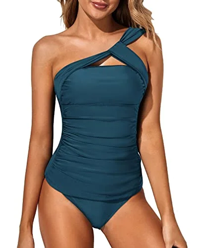 Elegant Two Piece One Shoulder Swim Top Shorts-Teal