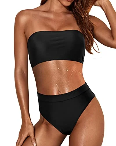 Sexy High Cut Bikini Bottom Removable Padding Strapless Bikini Top-Black