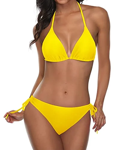 Halter Top Tie Side Bottom Women Two Piece Bikini-Neon Yellow