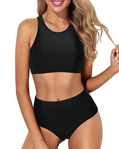 Athletic Crop Top Sporty High Waisted Bikini Set-Black