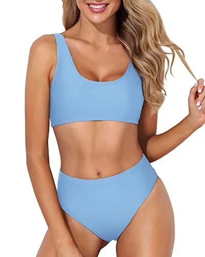 High Waisted Swimsuit Bottoms Crop Top High Cut Swimsuit-Light Blue