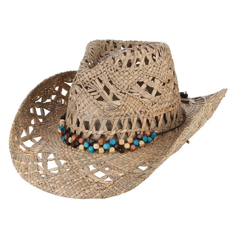 Breathable Curling Brim Cowboy Hat With Beads