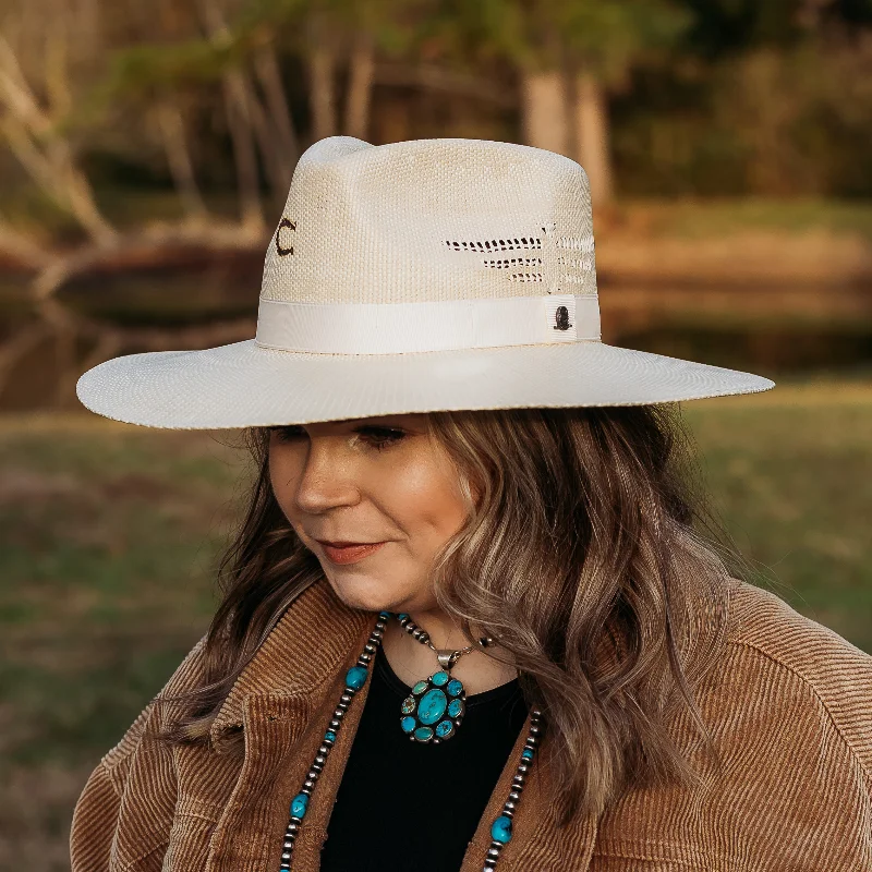 Charlie 1 Horse | Mexico Shore Straw Stiff Brim Hat with Thunderbird in Natural Tan